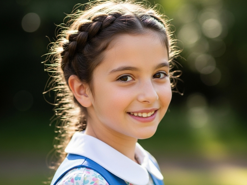 School girl with French braid crown outside.