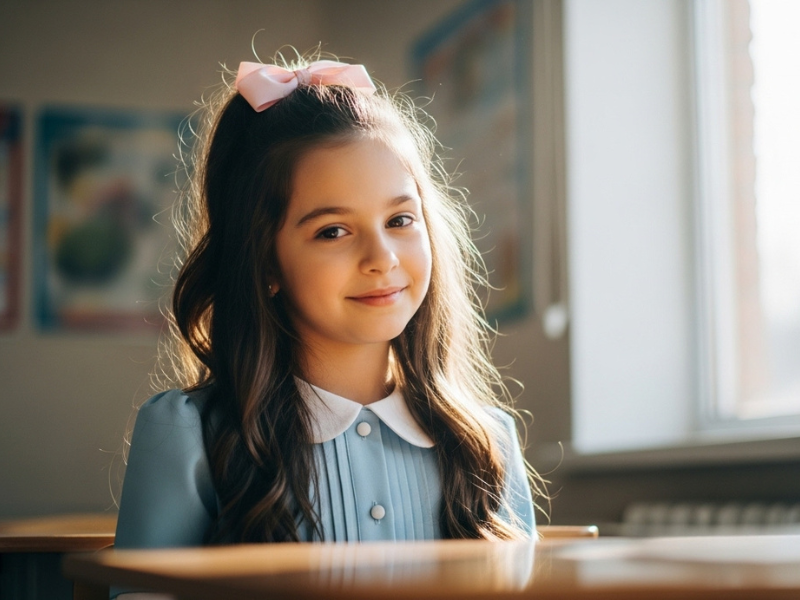 School girl with half-up bow hairstyle indoors.