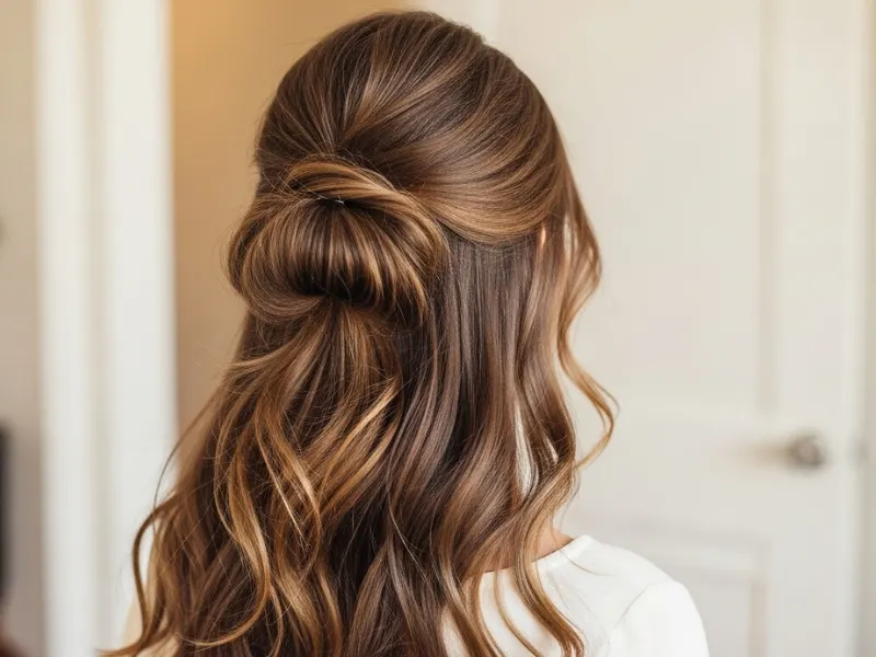 lt Text:
"Half-up, half-down hairstyle on a woman with soft, flowing hair