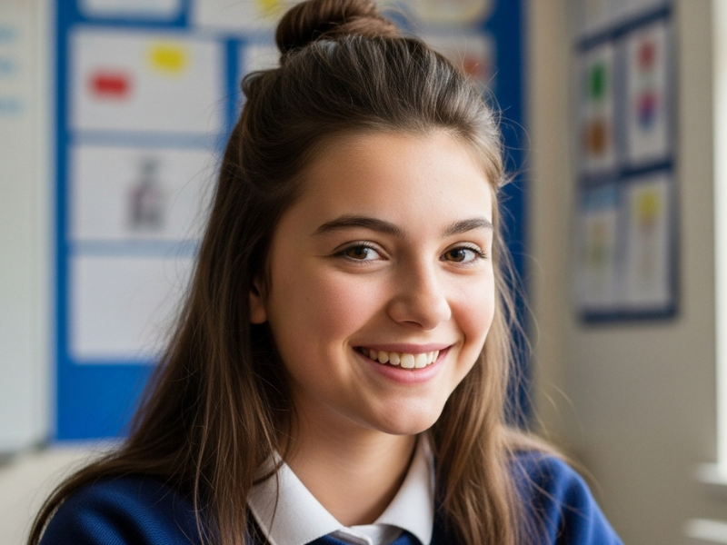School girl in classroom with half-up top knot.