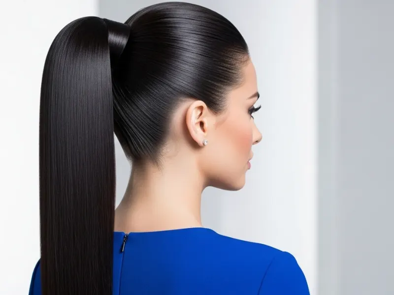 High ponytail trending hairstyle on a woman, sleek and polished.