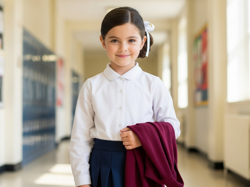 School girl with low bun and ribbon near lockers