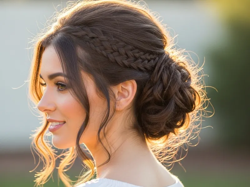 Boho low messy bun with side braids