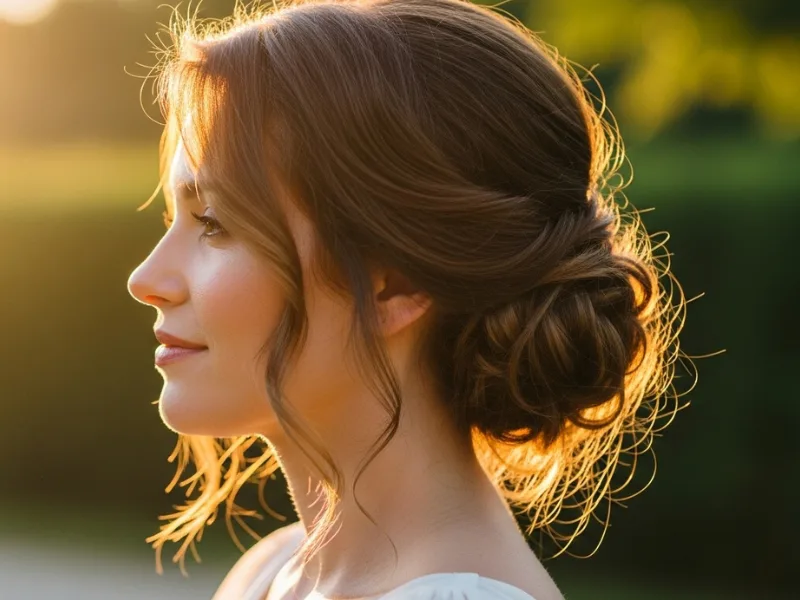 Low relaxed messy bun with wavy hair.