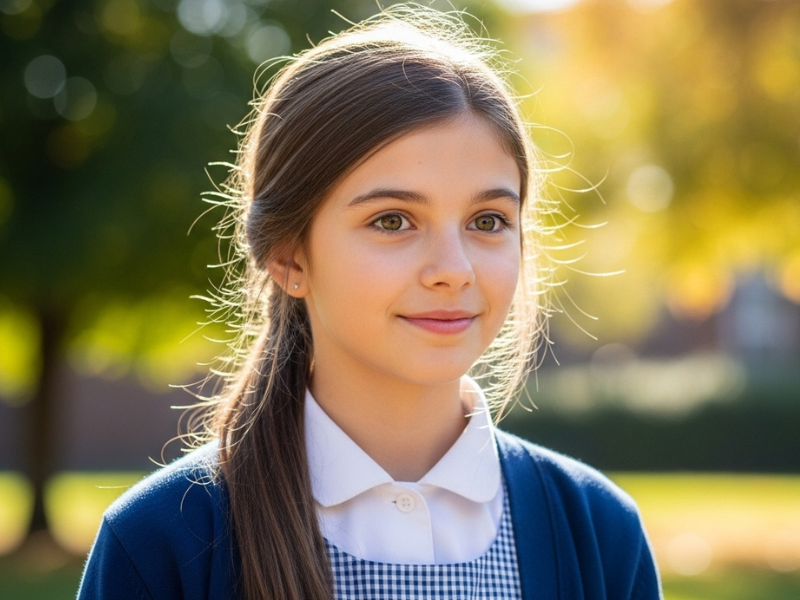 School girl with low side ponytail and scrunchie.