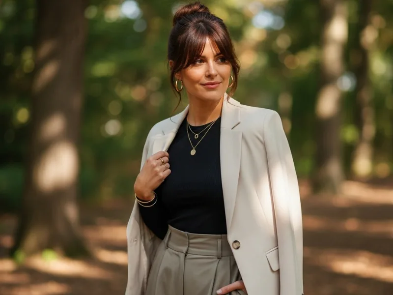 Messy bun hairstyle with bangs.