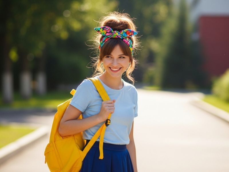 School girl outdoors with messy bun and headband.