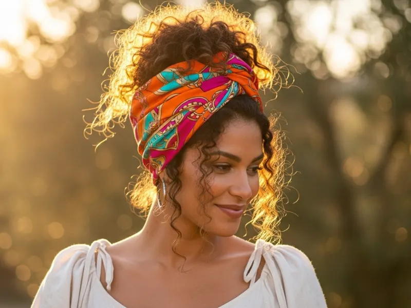 Messy bun with scarf accessory.