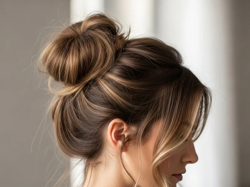 "Messy bun hairstyle on a woman with loose strands and a casual vibe