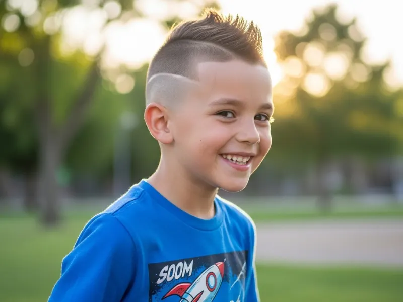 : Mohawk fade haircut for boys trendy kids hairstyle.