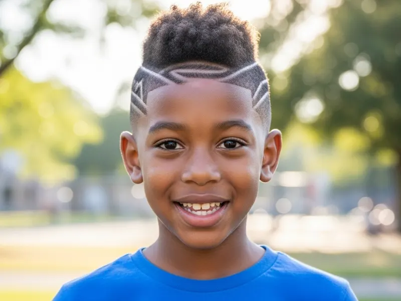 Black boy with mohawk and shaved designs.