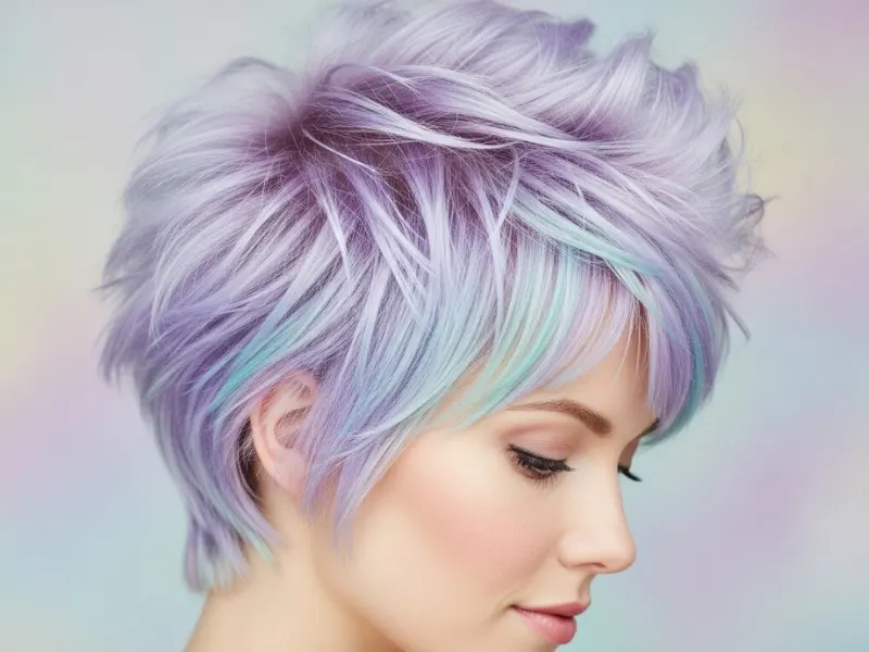 Woman with pastel spiky pixie hairstyle.
