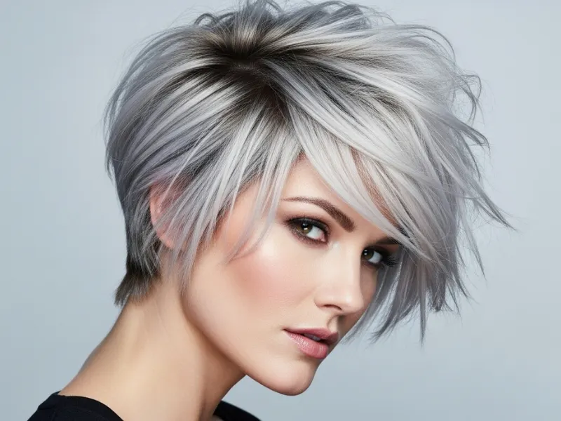 "Short pixie cut hairstyle on a woman with edgy layers framing the face.
