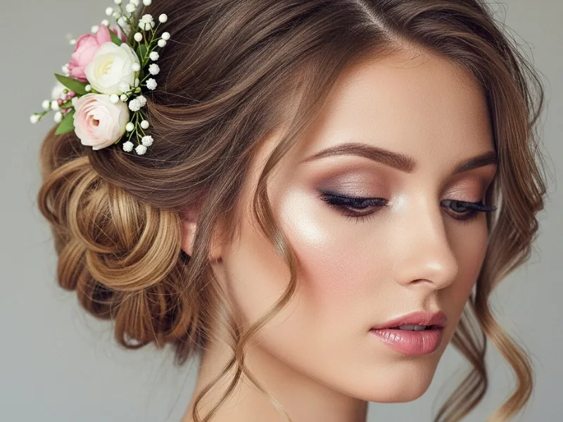 romantic messy bun with tendrils.