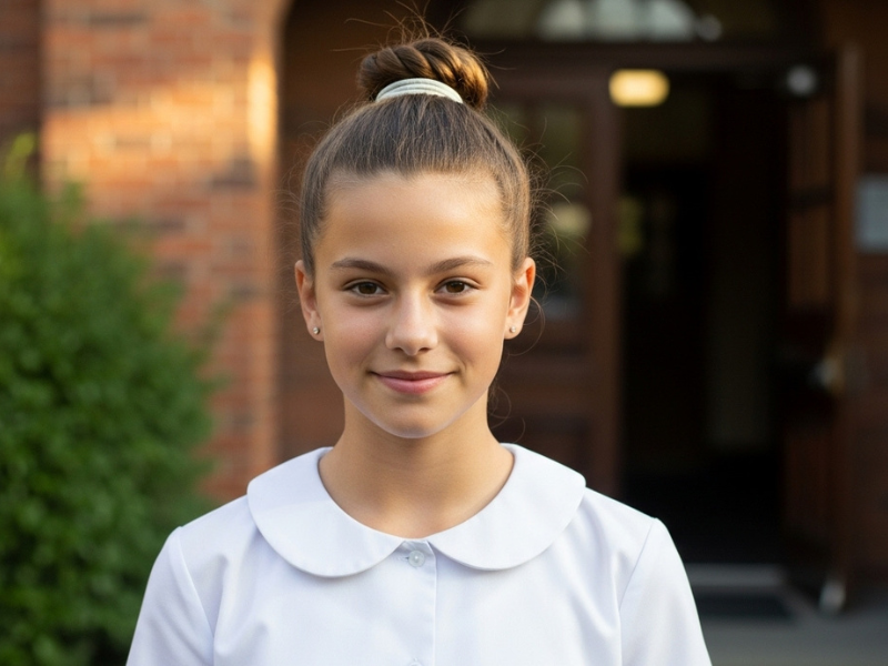Girl with rope twist ponytail outside school