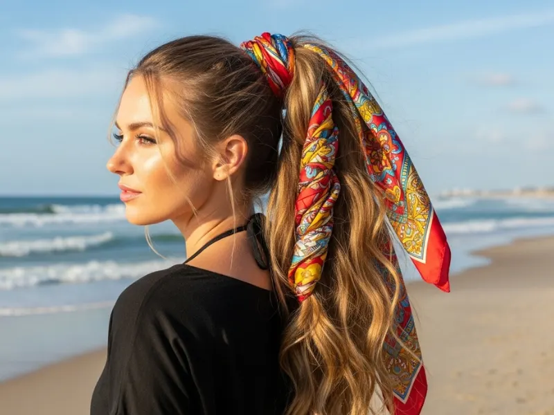 Boho scarf wrapped ponytail for long hair