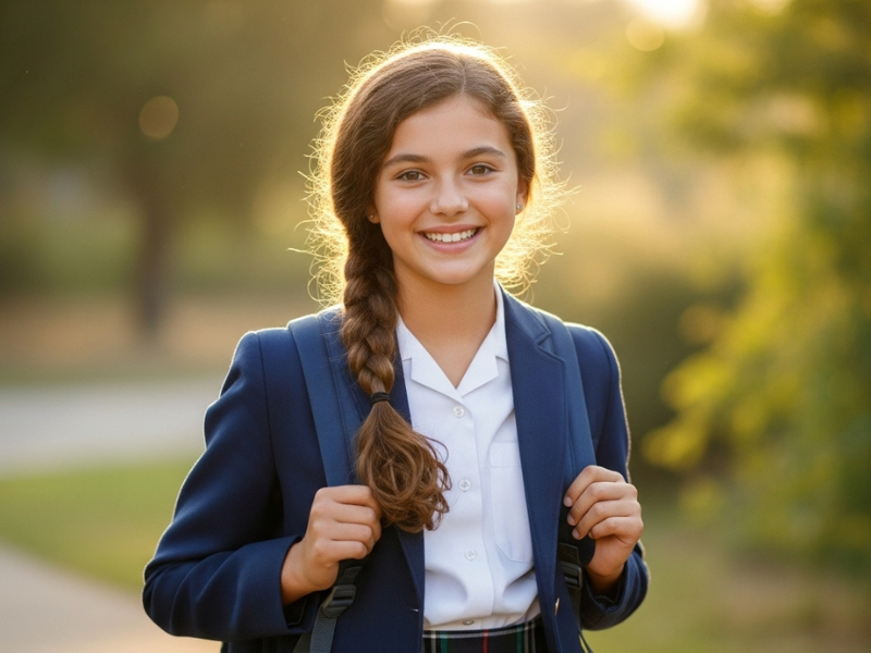School girl with wavy hair in a side braid