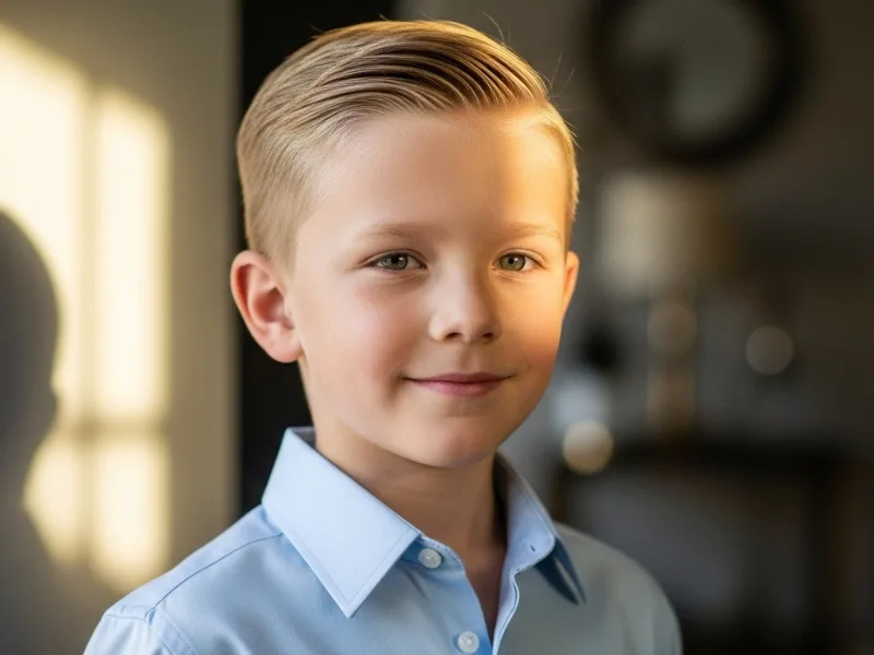 Side part comb over haircut for little boys.