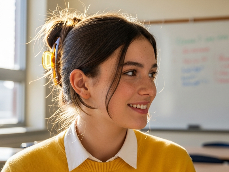 Teen school girl with claw clip updo in class.