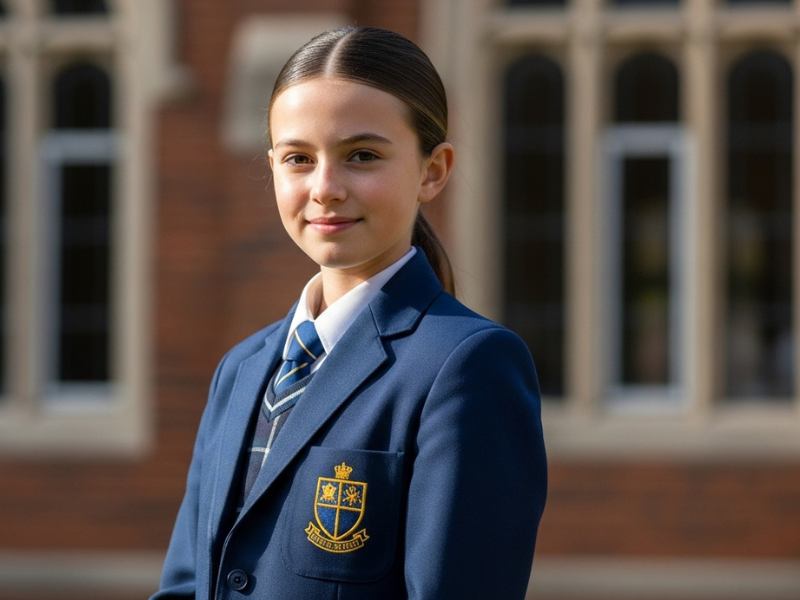 Girl in school uniform with sleek low ponytail