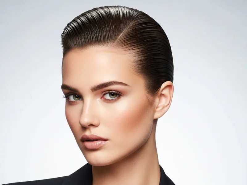 Slicked-back hairstyle on a woman, polished and smooth for a professional look