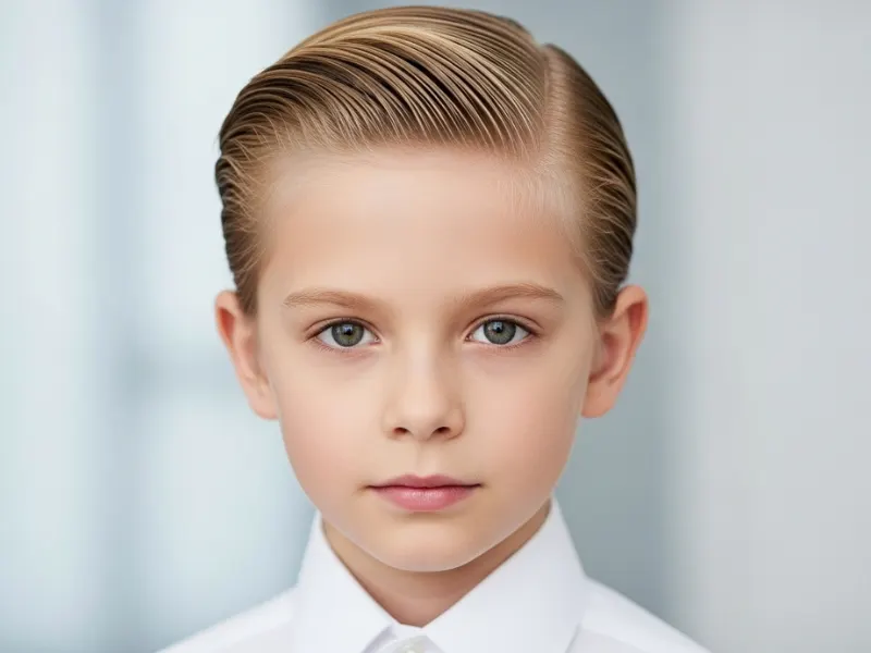 Slicked back hairstyle for young boys polished look.