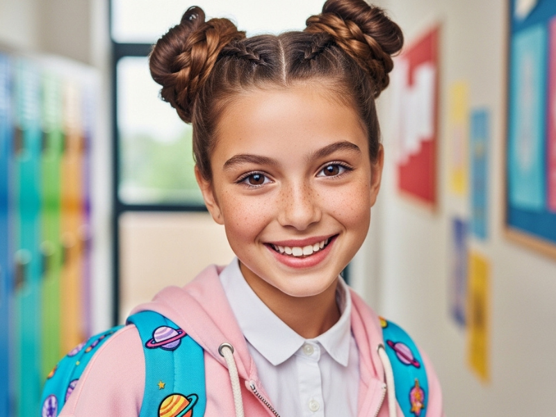 School girl with space buns and bright backpack.