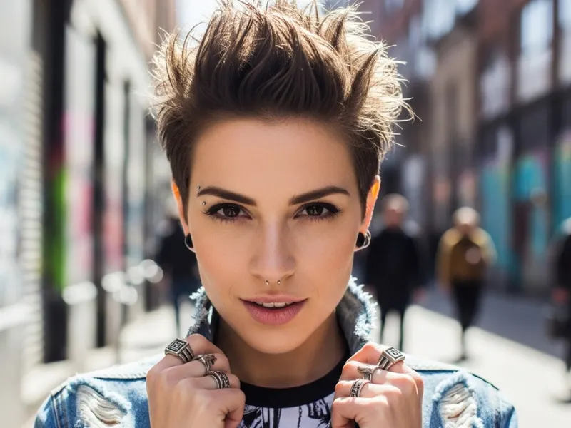 Woman with short spiky pixie cut hairstyle.