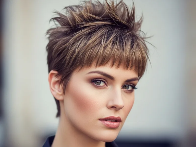 Woman with spiky pixie and bangs hairstyle.