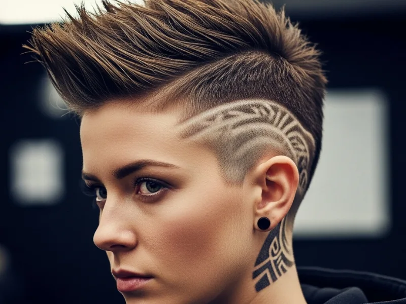 Woman with spiky pixie and undercut design hairstyle.