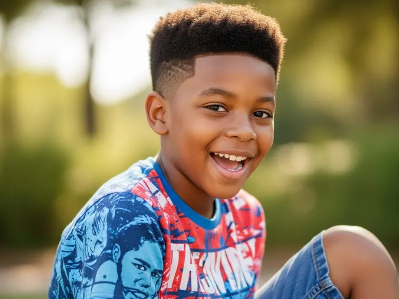Black boy with tapered afro haircut.