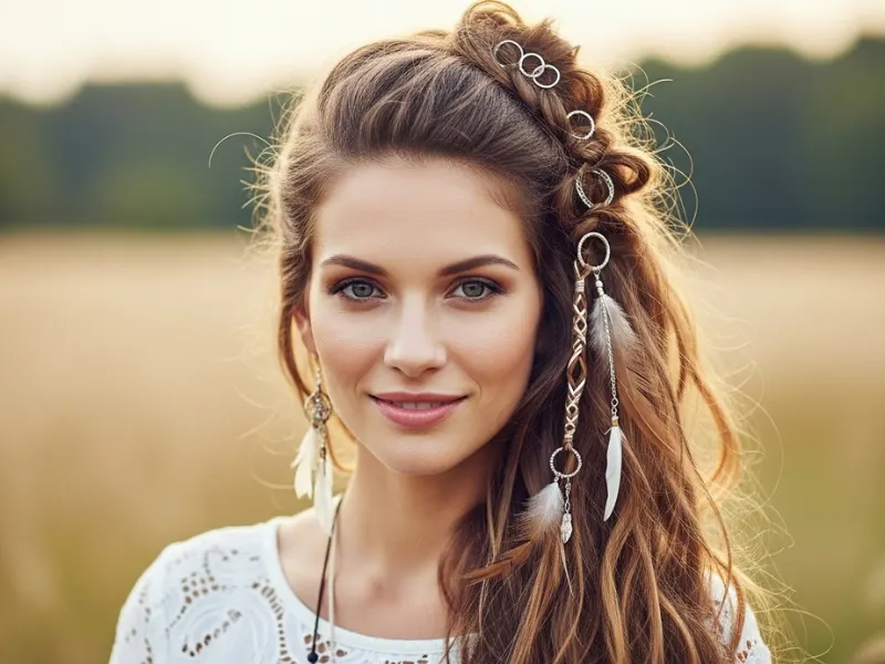 Twisted half-up boho hairstyle with hair charms
