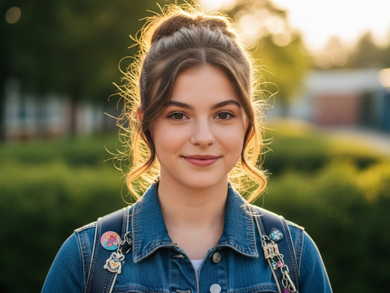 School girl with twisted half-up hairstyle and denim.
