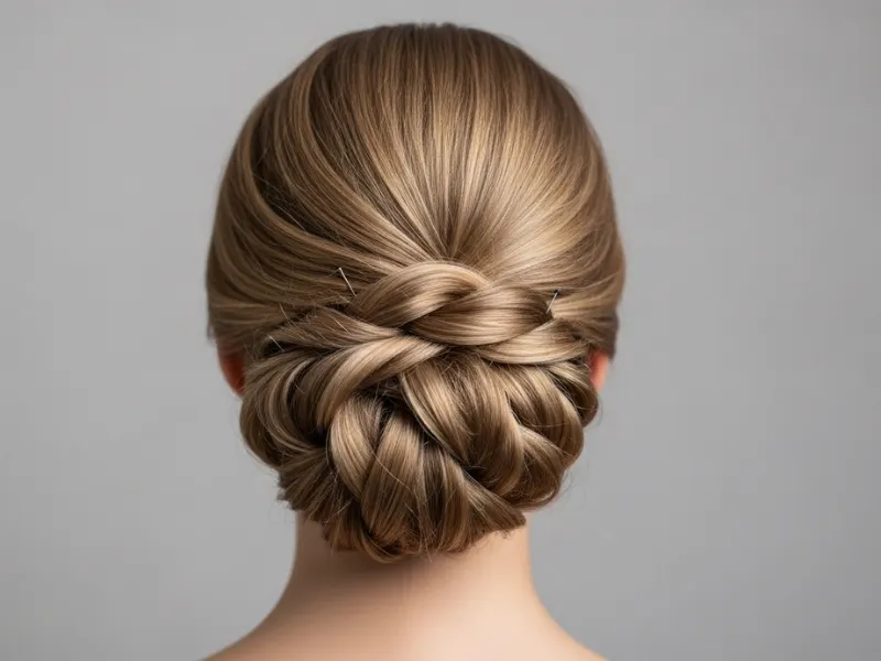 wisted updo hairstyle on a woman with elegant twists and a low bun