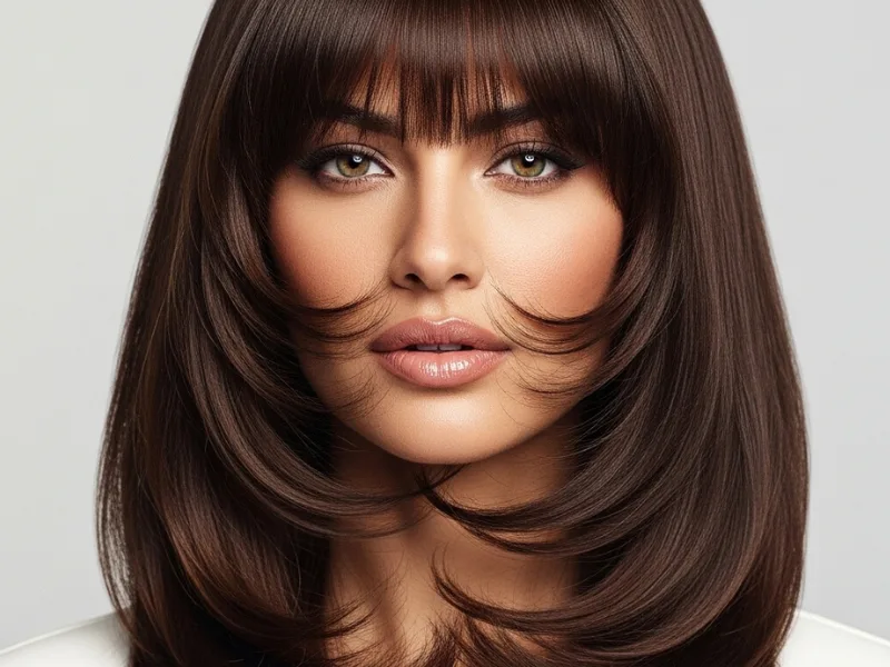 Woman with a U cut paired with stylish bangs.