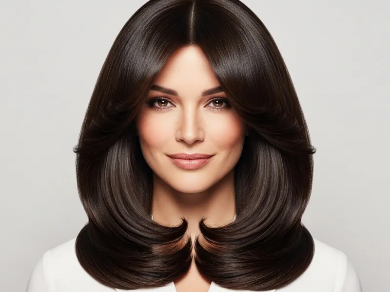 Woman with a U cut with gentle face-framing layers on long hair.