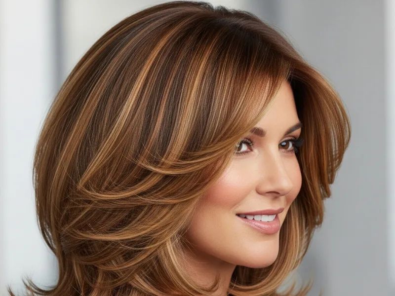 Woman with a U cut with balayage and highlights on layered hair