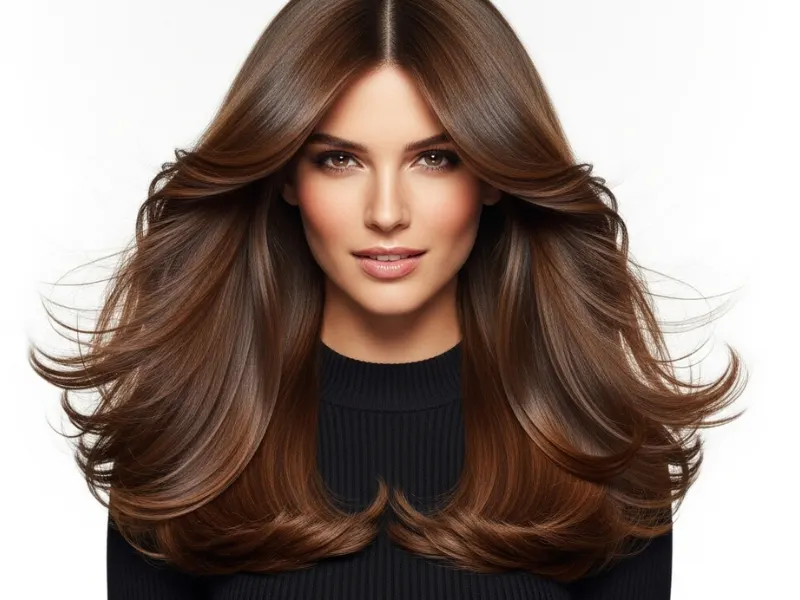 Woman with a U cut with long flowing layers on mid-back length hair.