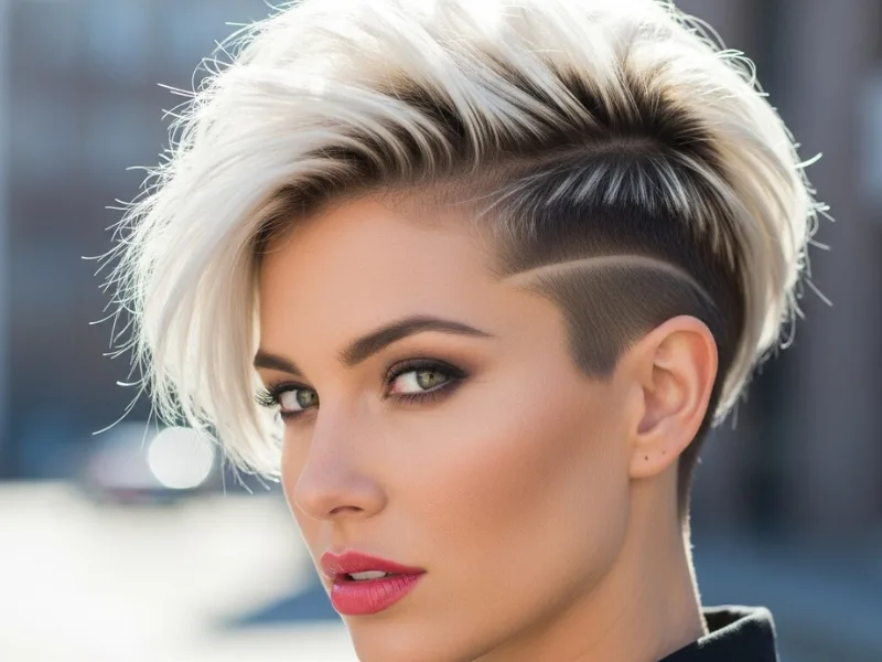 Undercut pixie hairstyle on a woman with short, textured layers and a shaved undercut