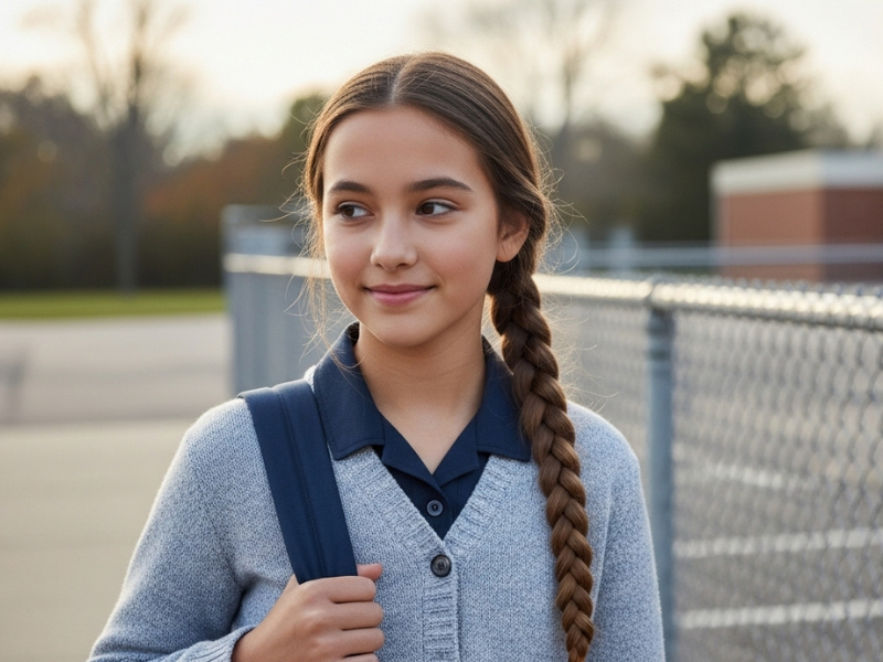School girl with waterfall braid and cardigan