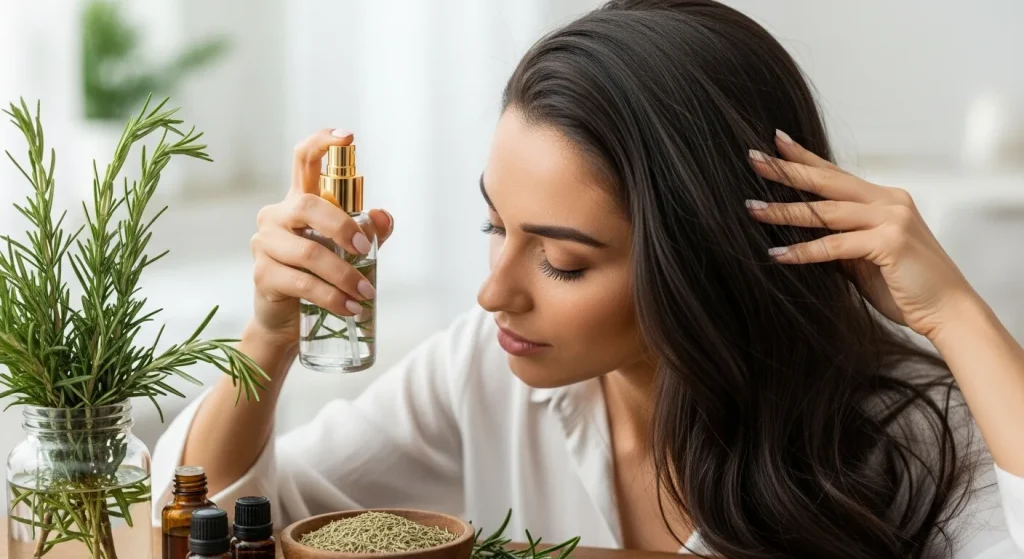A woman with long, shiny hair spraying rosemary water for hair growth onto her scalp, with fresh rosemary sprigs and essential oils on a wooden table.