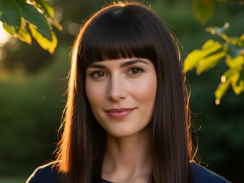 Straight hair with blunt bangs covering forehead.