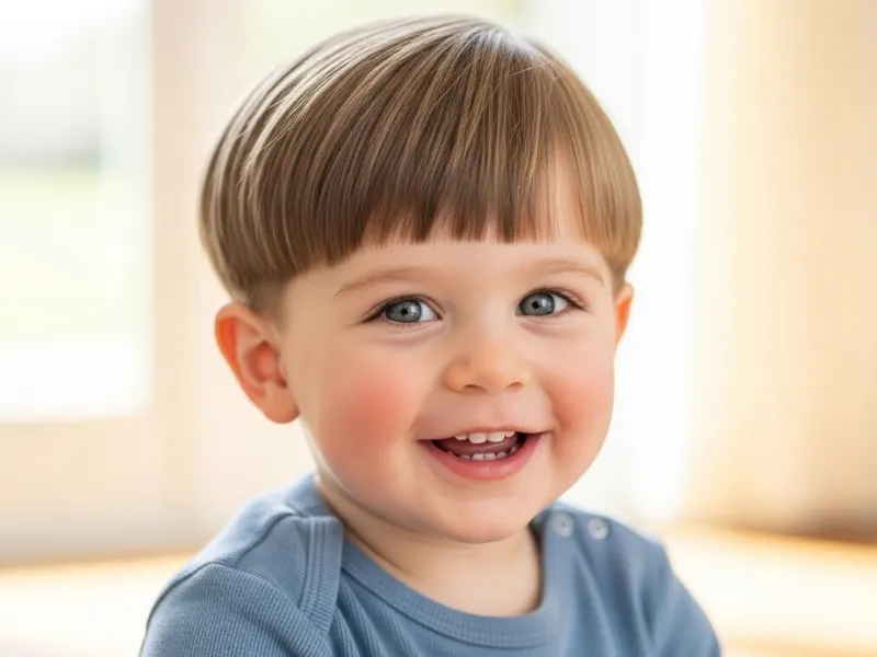 Toddler boy modern bowl cut hairstyle age 1–3 years.