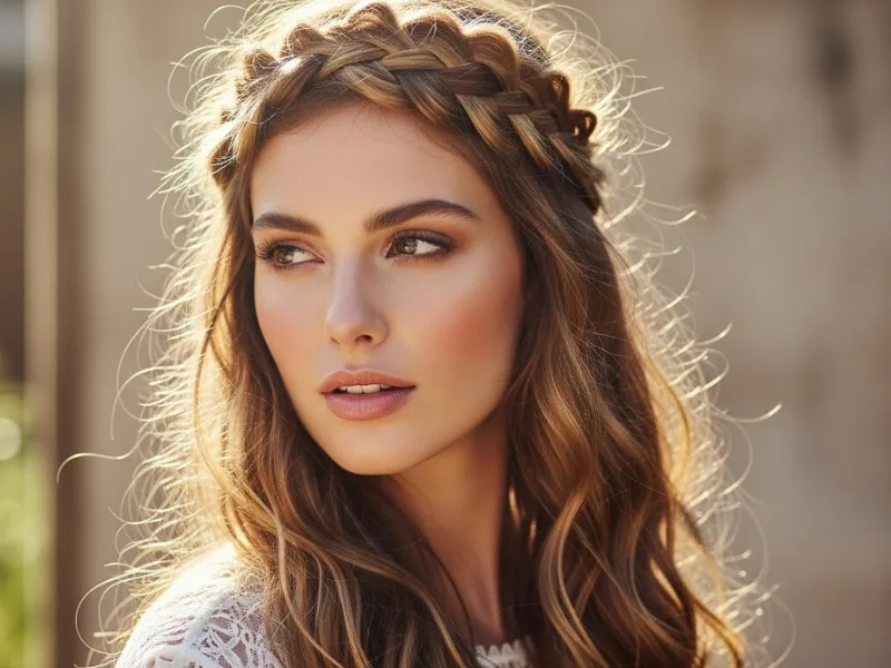 Braided crown and waves to flatter big forehead.
