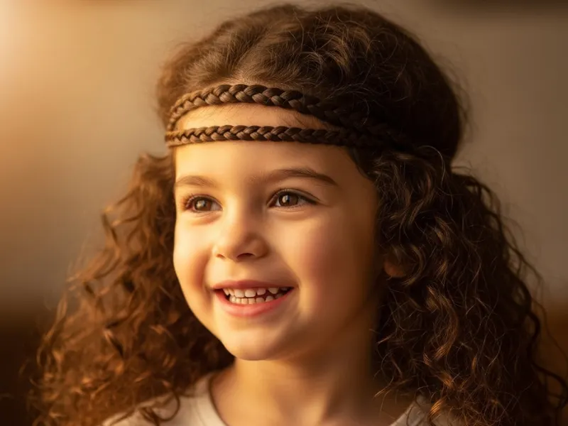 : Girl with braided headband and curls.