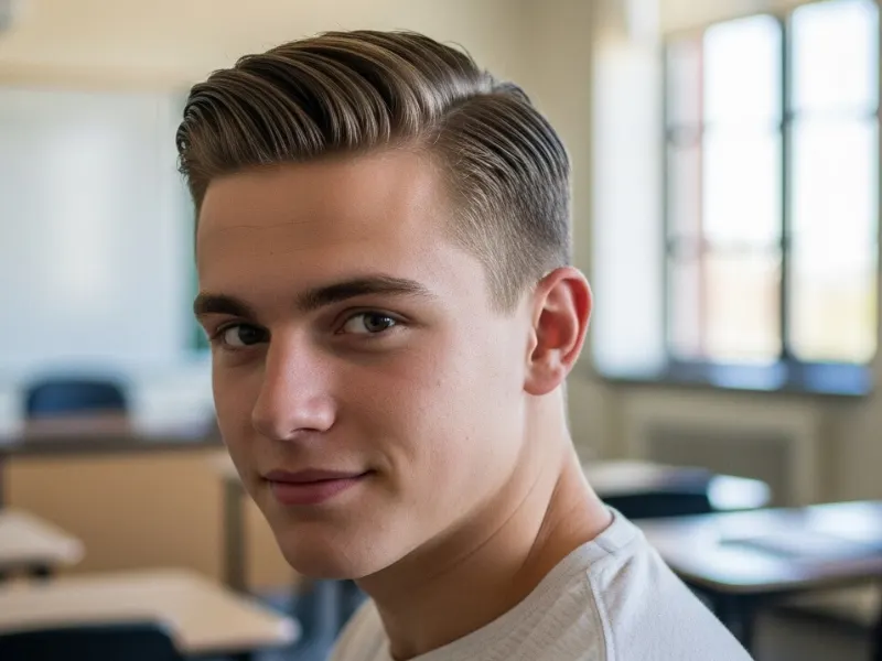 Brushed forward hairstyle for college student.