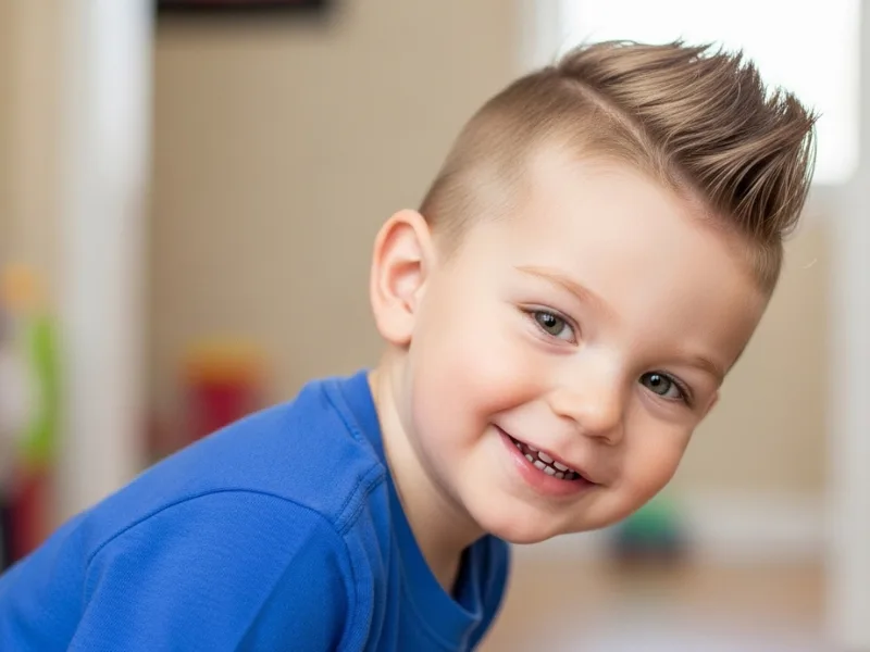 Toddler boy brushed up hairstyle age 1–3 years.