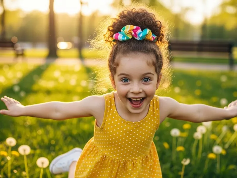 Girl with curly bun and scrunchie.