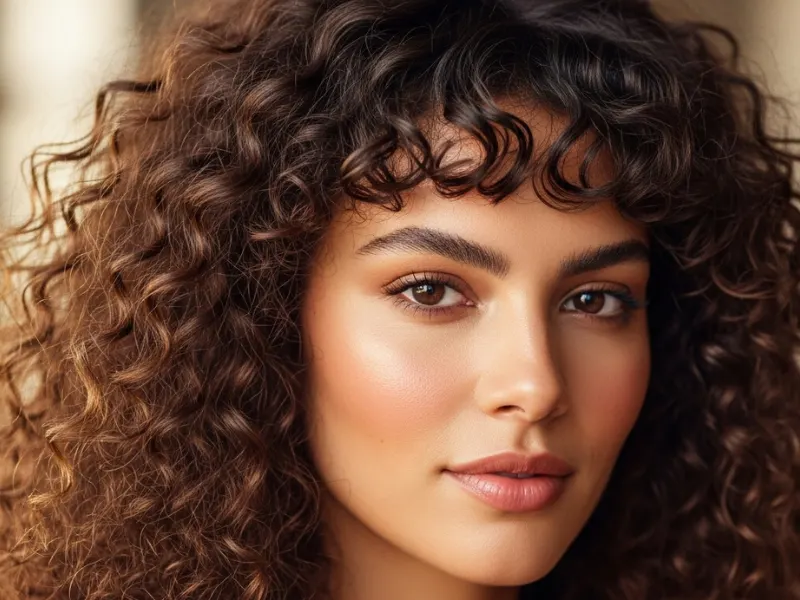 Curly fringe and natural curls for big foreheads.