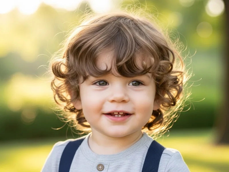 Toddler boy curly fringe hairstyle age 1–3 years.